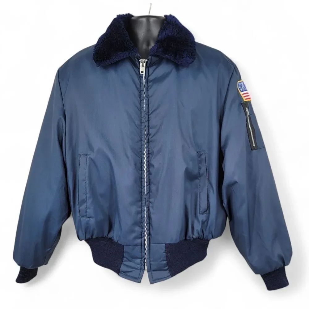 Flight Jacket Vintage Nylon Faux Sherpa Fleece Lined Men's Blue Bomber Jacket